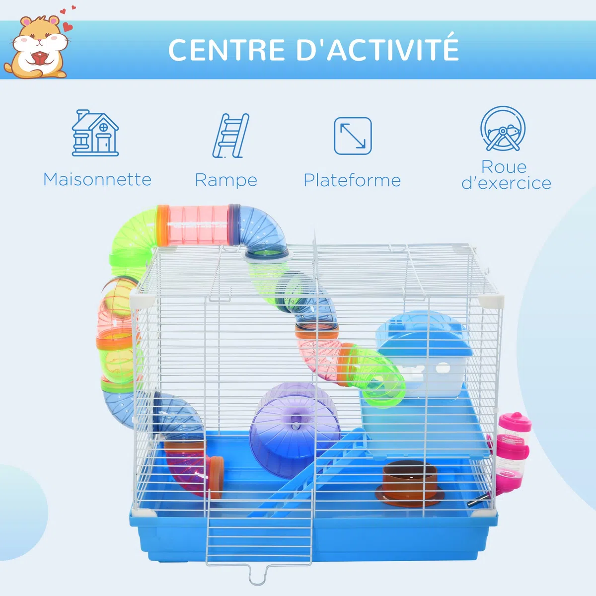 PawHut Cage pour Rongeur Hamster 2 Niveaux avec Tunnel, Bouteille d'eau, Roues, Maison, échelle dim. 46L x 30l x 37H cm