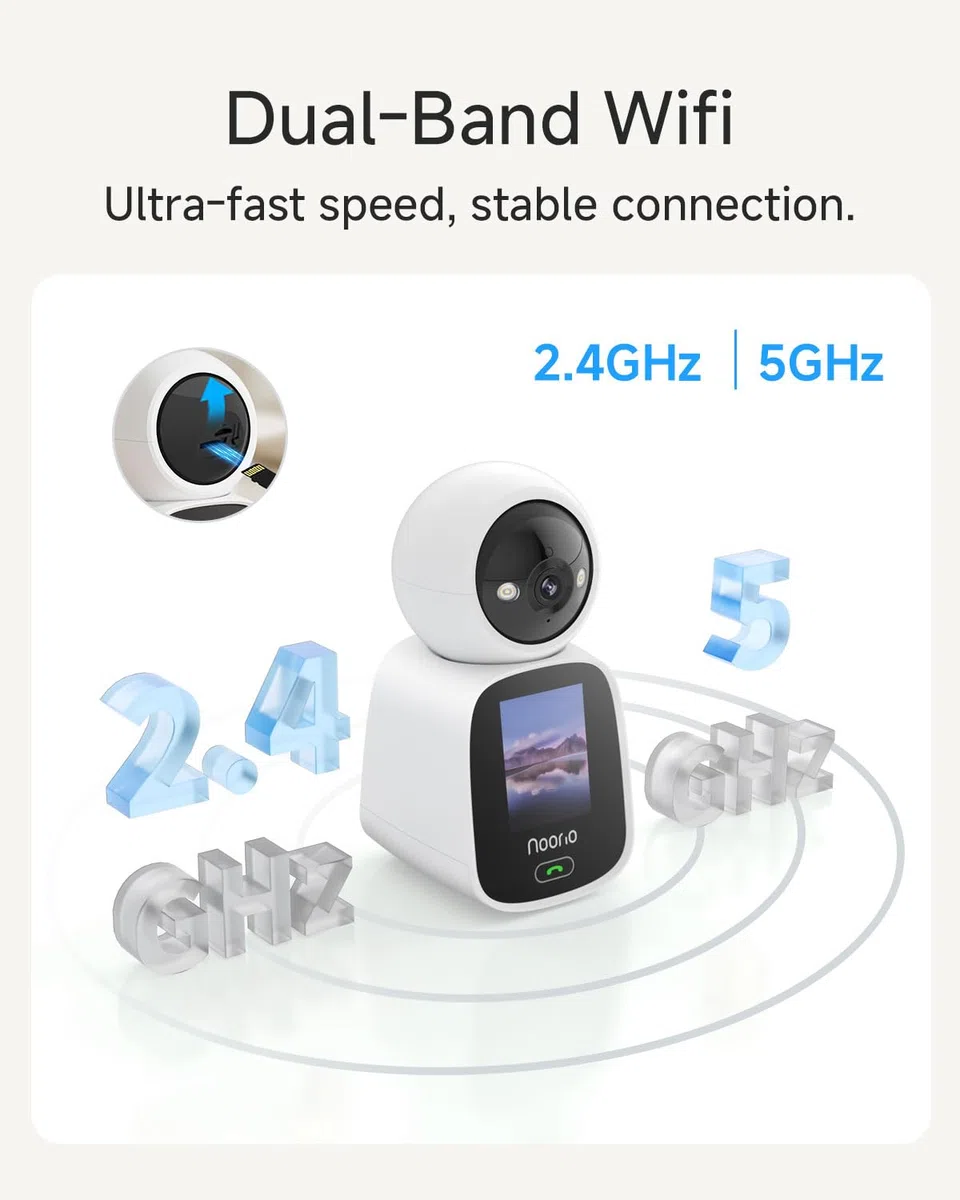 Noorio Caméra de Surveillance Intérieure 2K WiFi Double Bande (5G/2.4G) - PTZ Rotative, Audio Bidirectionnel, Détection Humaine et Suivi Automatique, Moniteur Bébé