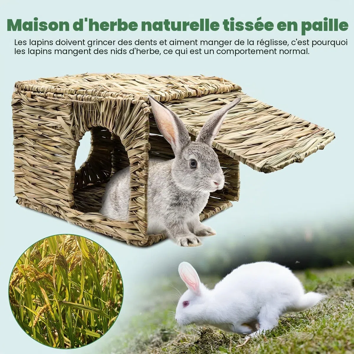 HYLYUN Très Grande Maison Foin Lapin Naturellement Séchée Maison d'herbe Tissée Pliable pour Lapin, Cochon d'Inde, Chinchilla, Furet Jouer et Dormir