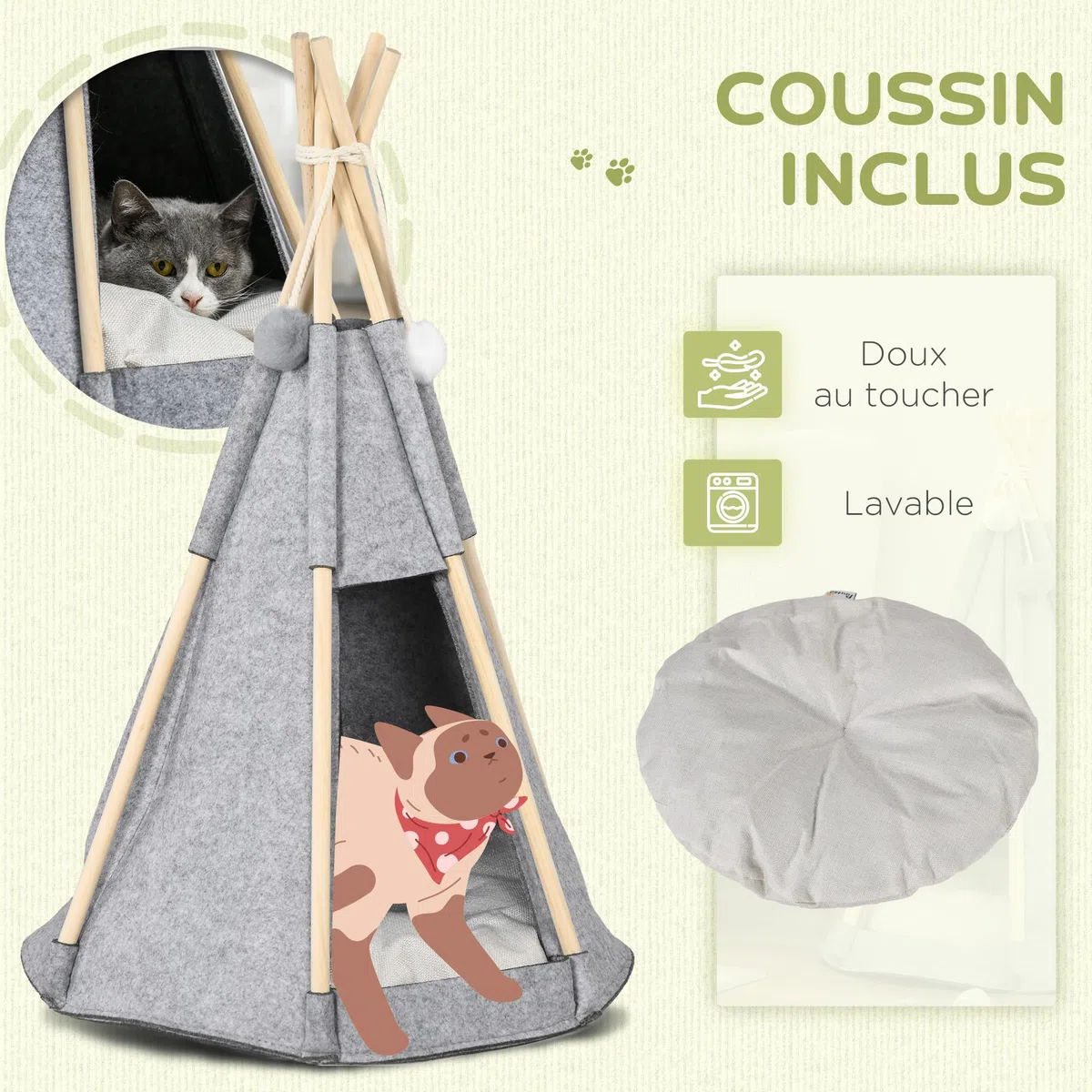 PawHut Tente tipi pour Animaux - Teepee Chat ou Chien - Coussin épais Grand Confort 2 Pompons Inclus - Maison Niche pour Chat Structure Bois de pin Feutrine Peluche Gris