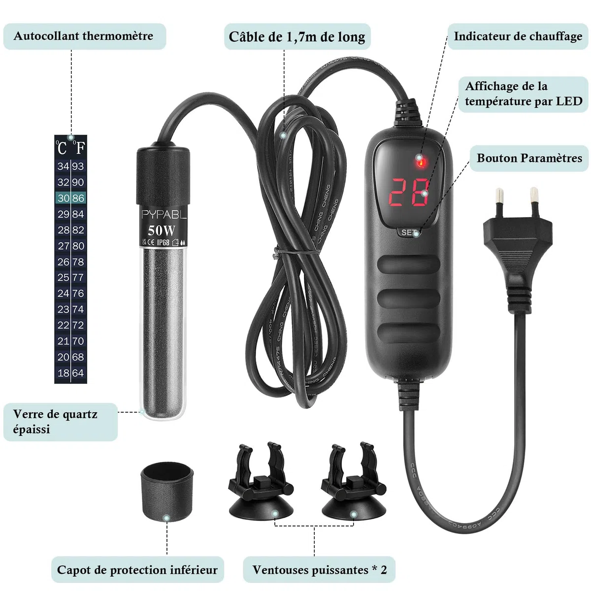 Chauffage Submersible pour Aquarium, 25W 50W 100W 300W Mini Chauffage d'Aquarium avec Régulateur de Température Externe, pour Chauffage d'Aquarium de Poissons et de Tortues 3-300L