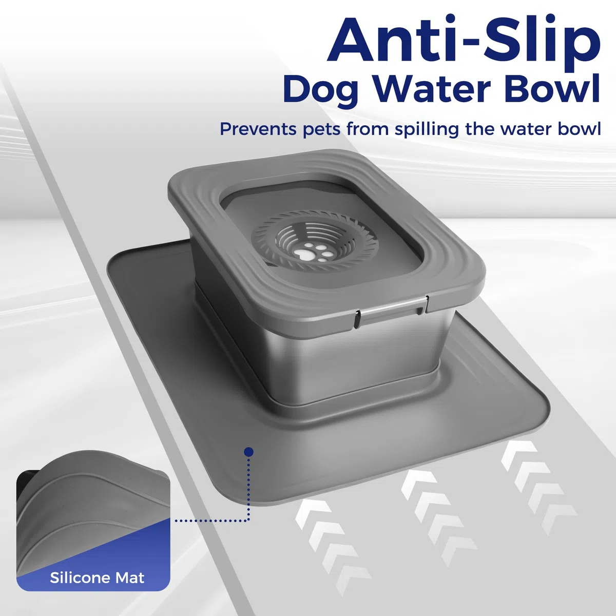 Gamelle d'eau pour Chien sans Déversement 10L, Gamelle en Acier Inoxydable Anti-Éclaboussure, Distributeur d'alimentation d'eau Lente avec Tapis Silicone pour Buveurs Désordonnés (Gris)