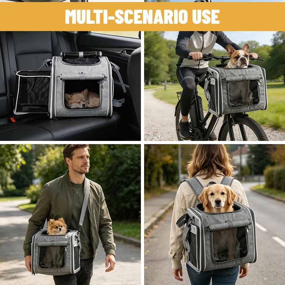 Panier de vélo pour chien avant 4 en 1, sac à dos extensible pour chien, panier de vélo pour chien, gris, sac de voyage pliable avec 4 fenêtres en maille et 4 portes ouvertes, panier de vélo pour