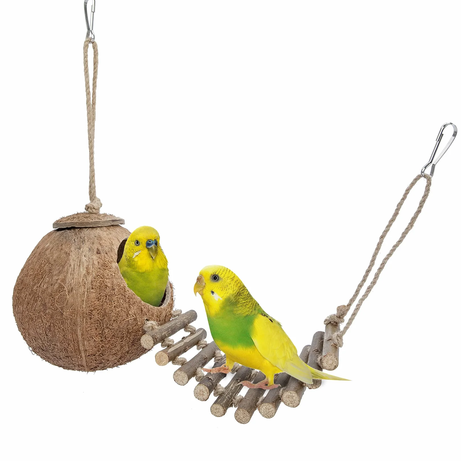 Niteangel® Nid d'oiseau naturel Coconut Hideaway avec échelle, jouet pour oiseaux et petits animaux