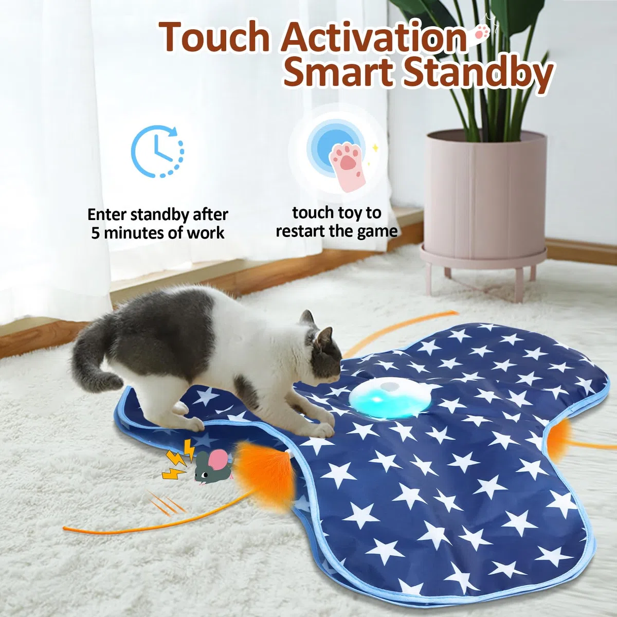 Sofolor Jouet interactif rechargeable pour chat – Jouets d'exercice pour chats adultes ennuyés d'intérieur – Jouet à cache-cache avec détecteur de mouvement – Plume mobile – Chirping