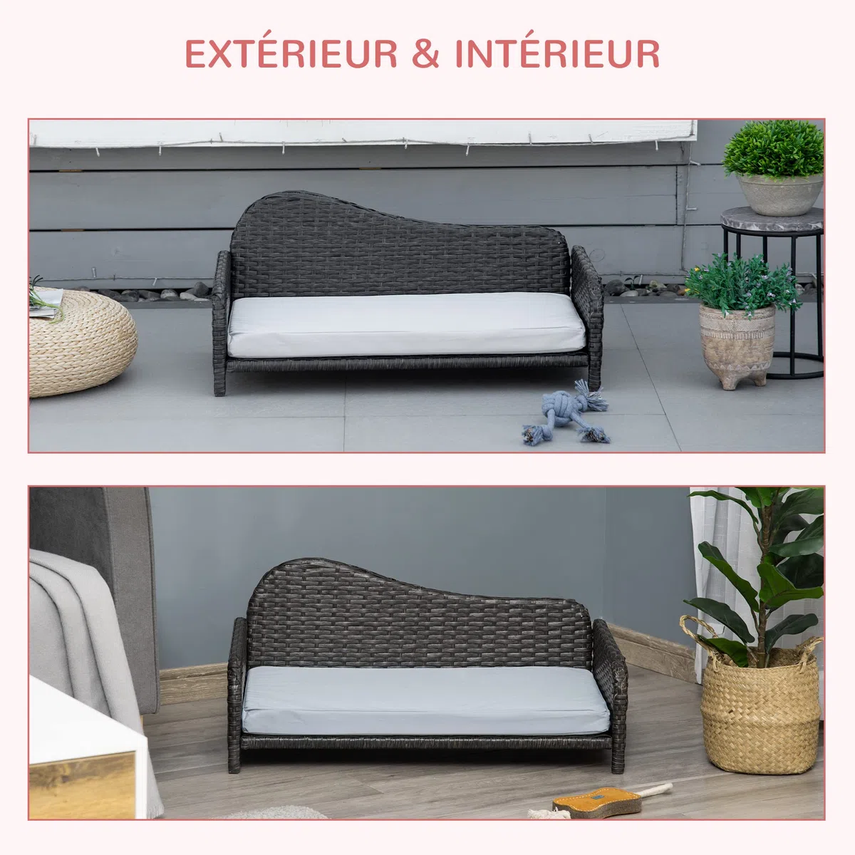 PawHut Canapé Panier pour Chiens et Chats, en résine tressée, avec Rembourrage, imperméable et Lavable, terne à l'intérieur et à l'extérieur. 75L x 45l x 35H cm