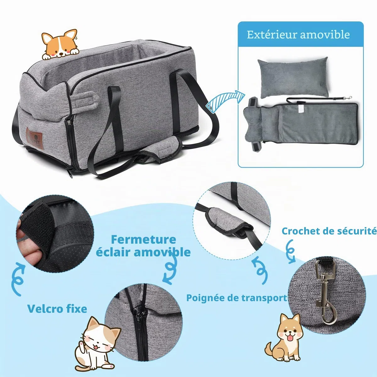 Siège de voiture pour chiens de petite taille, siège rehausseur de voiture amovible et lavable pour petits animaux jusqu'à 6.1 kg, console centrale, chiens et chats, maison, voyage (gris)