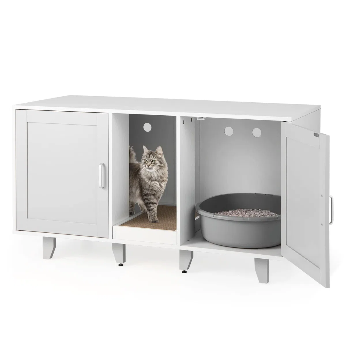 GOPLUS Meuble Litiere Chat 3 en 1, Maison de Toilette Chat en Bois 52x120x65CM, Cache Litiere avec 2 Porte, Pieds Réglables, Planche à Griffer Détachable, Trou de Ventilation, Table TV, Moderne