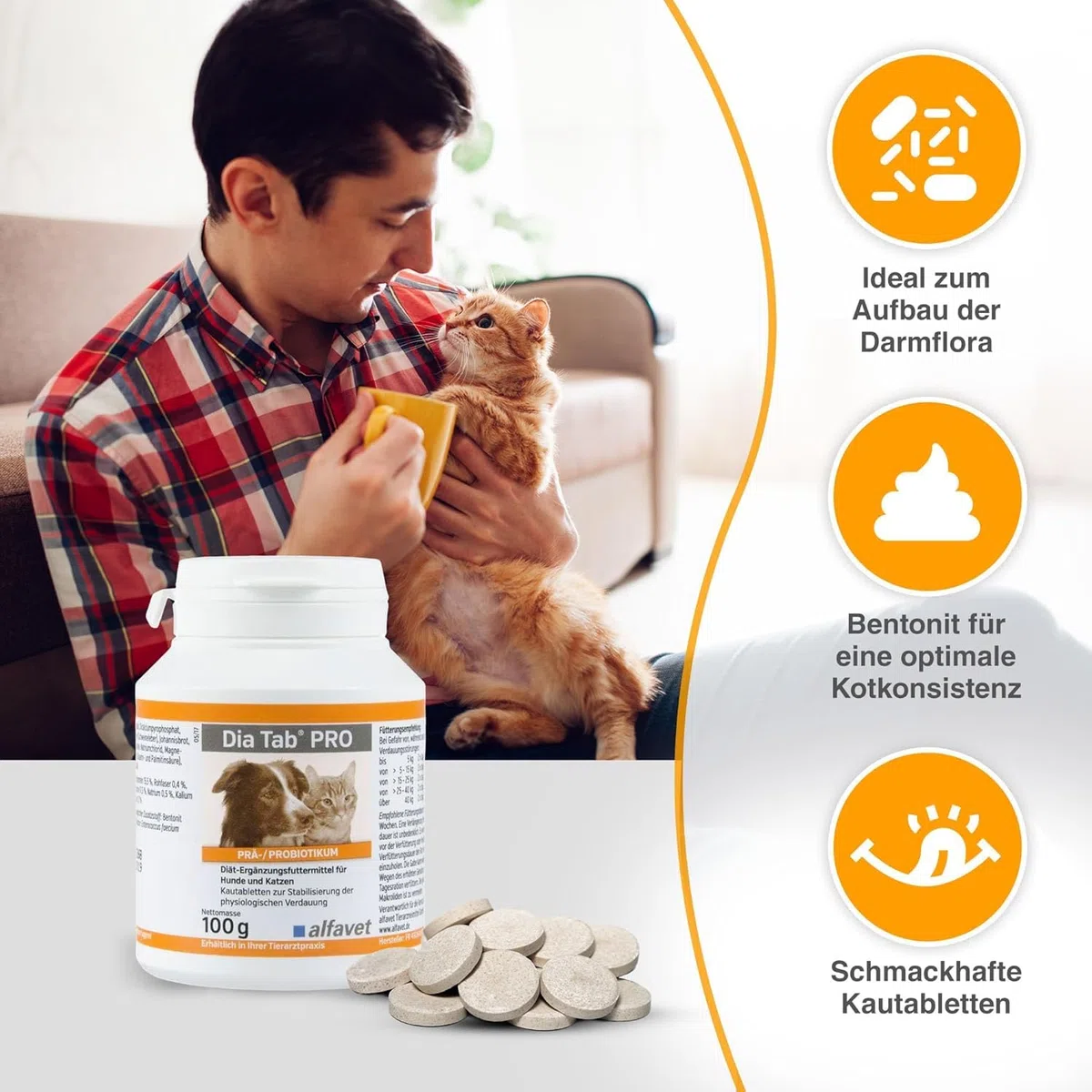 Alfavet Dia Tab Pro - boîte de 2 x 100 g - complément Alimentaire diététique pour Chiens et Chats - prébiotique probiotique - Environ 100 comprimés à mâcher