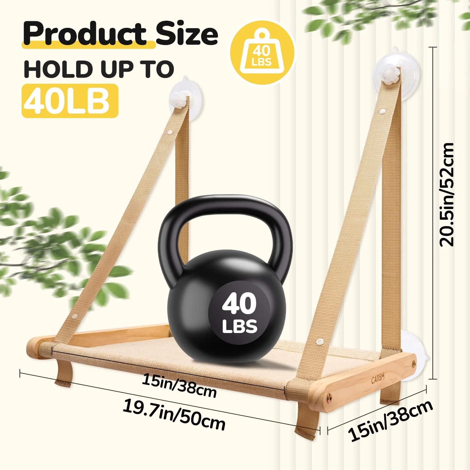 CATISM Pliable Hamac Chat Fenetre jusqu'à 20kg, Hamac pour Chat avec Ventouse Puissante, Tissu Lavable, Support pour Rebord de Fenêtre, Sac de Couchage pour Chats (50x38cm)