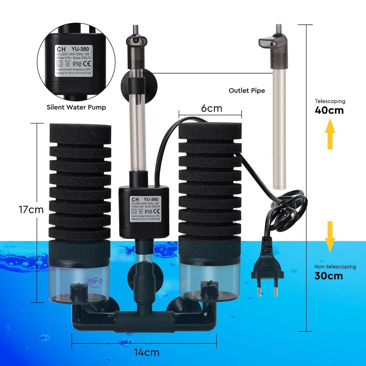 SWAWIS Filtre Éponge d'Aquarium Électrique avec 2 Paires d'Éponges de Remplacement et Billes Céramique, pour Aquariums de Moins de 60-80L, pour Enrichissement en Oxygène Filtration Culture Bactérienne