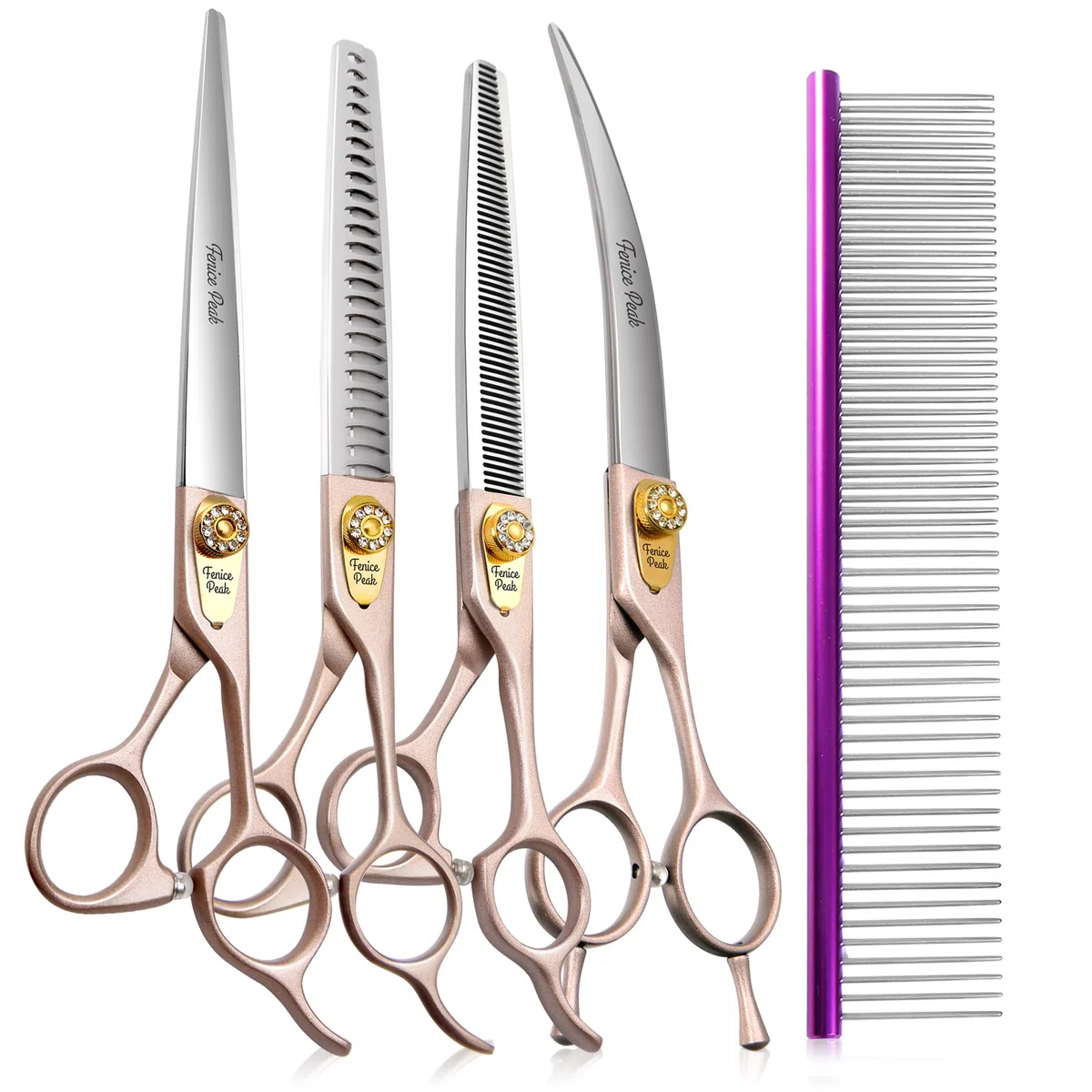 7‘’ Professional Dog Grooming Scissors Set Rose Gold 440C Stainless Steel Straight Thinning Curved Chunker Shears 4pcs Set for Pet Grooming Services Dogs and Cats