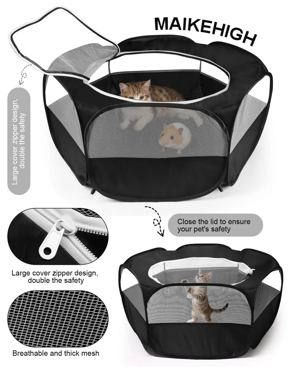MAIKEHIGH Parc pour Petits Animaux, Tente Cage Portable Pliable vec Fermeture Glissière Couvercle for Guinea Pig, Rabbits, Hamster, Chinchillas and Hedgehogs (Noir)