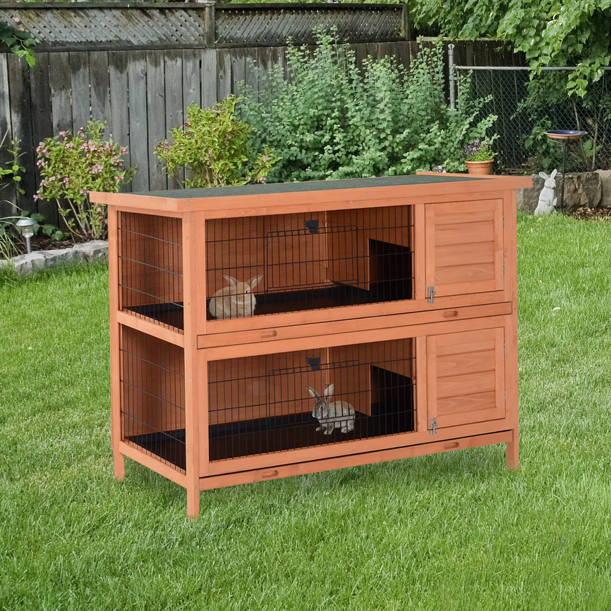 PawHut Clapier sur Pieds Cage à Lapin Double Niveau Plateaux excréments coulissants 4 Portes verrouillables dim. 137L x 50l x 93H cm Bois Massif pin Toit bitumé Vert