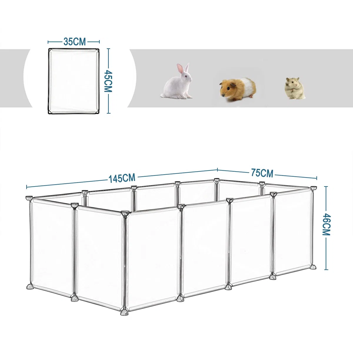 EUGAD Enclos Lapin, Parc Lapins en Plastique, Intérieur Enclos Modulable Lapin, Parc Enclo pour Petits Animaux, Cochon d'Inde, Lapin, Hérisson 145x75x46cm Transparent