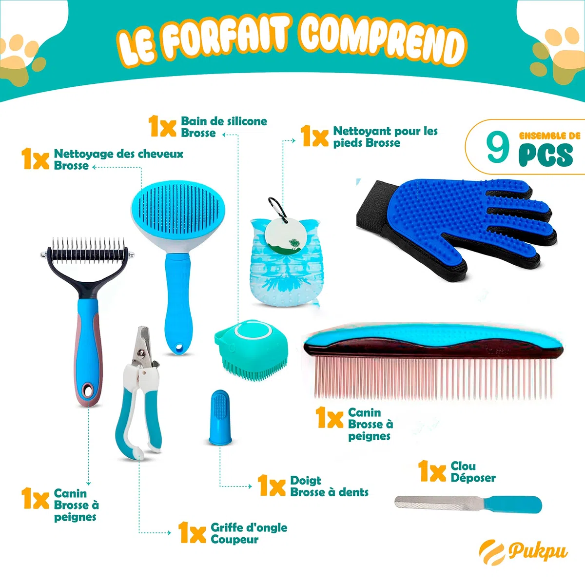 Kit Toilettage Chien Chat 9 Pièces – Brosse Chien, Brosse Chat, Gant Poil, Coupe Ongle, Lave Pattes et Accessoires Toilettage