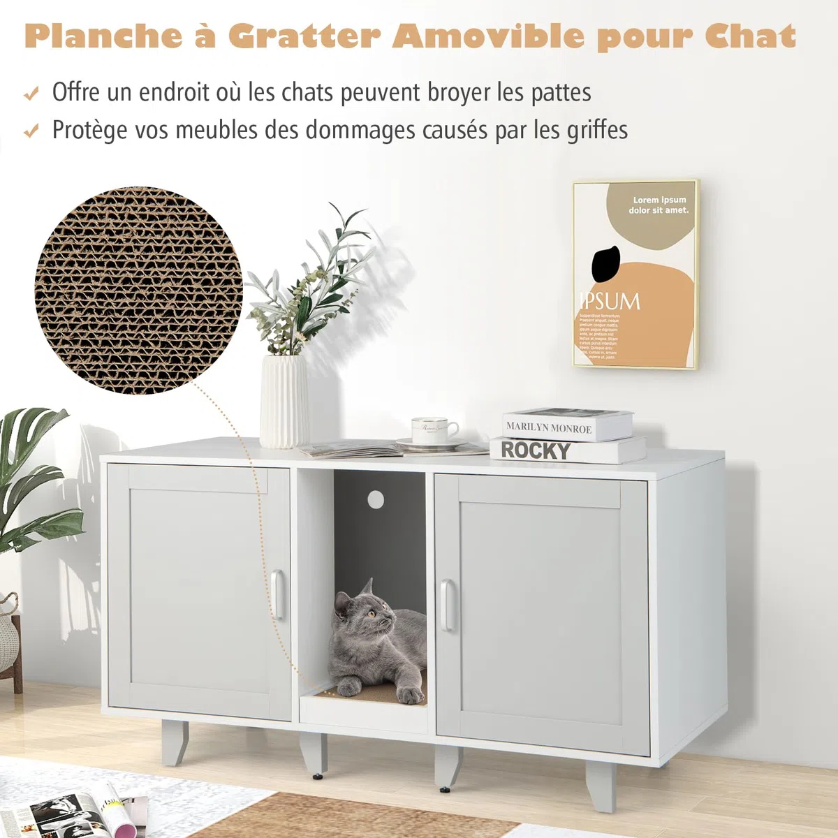 GOPLUS Meuble Litiere Chat 3 en 1, Maison de Toilette Chat en Bois 52x120x65CM, Cache Litiere avec 2 Porte, Pieds Réglables, Planche à Griffer Détachable, Trou de Ventilation, Table TV, Moderne