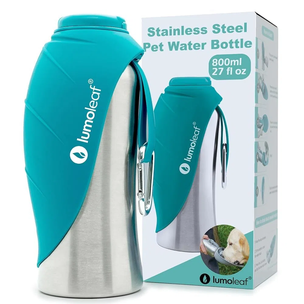 LumoLeaf Bouteilles d'eau Portables pour Chien de 800 ML, Distributeur d'eau de Voyage en Acier Inoxydable pour la Marche, la randonnée et l'extérieur, Bol d'eau Portable pour Grands (Blau/800ml)