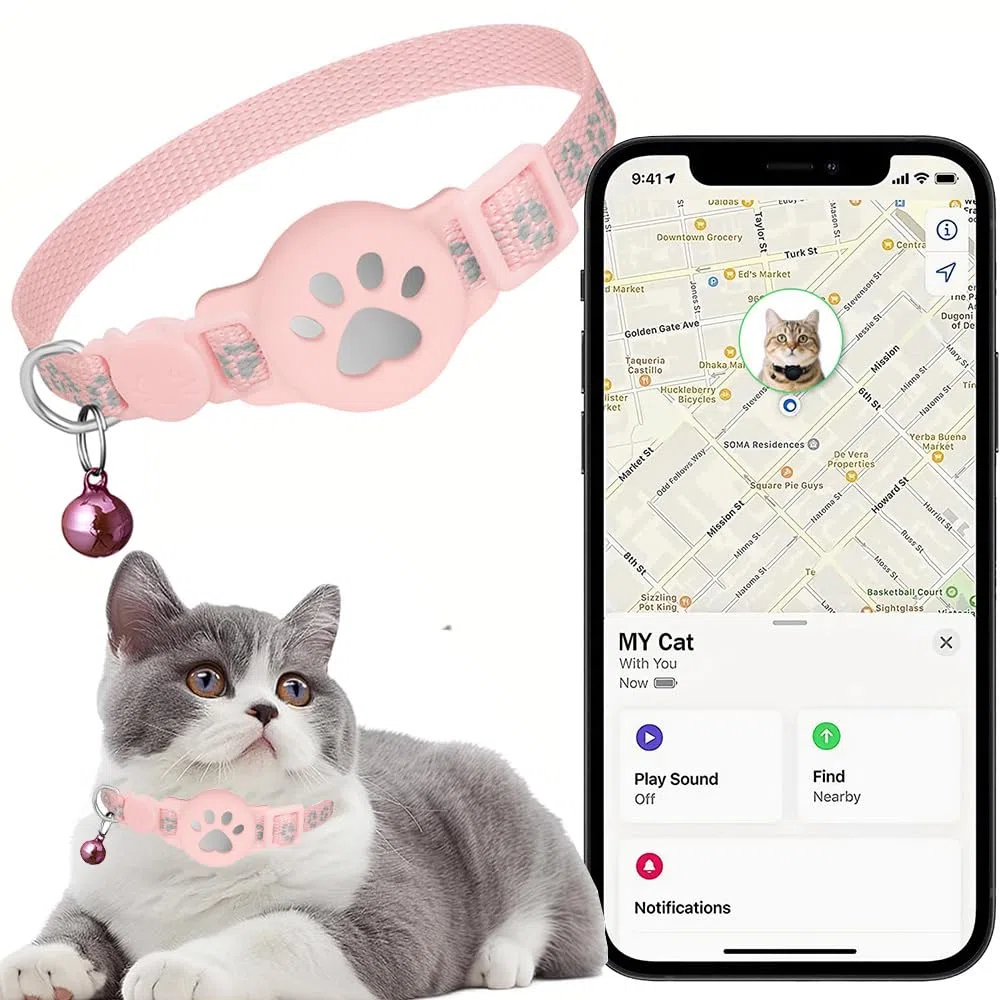 Collier GPS Chat, Traceur GPS Chat Tracker, sans Abonnement Mensuel, Pas de SIM, Compatible avec Apple Find My (iOS Uniquement) (Collier + pisteur Rose)