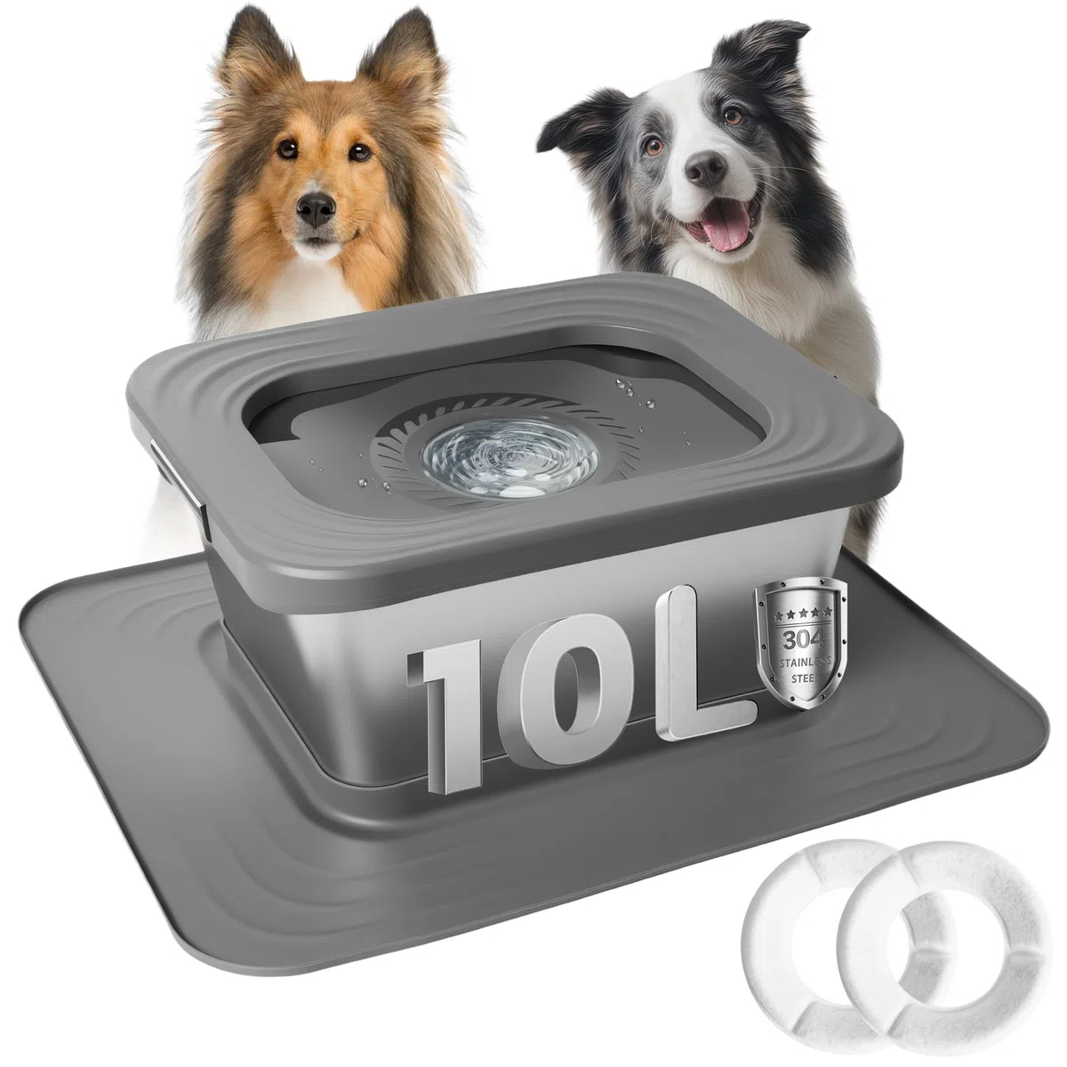 Gamelle d'eau pour Chien sans Déversement 10L, Gamelle en Acier Inoxydable Anti-Éclaboussure, Distributeur d'alimentation d'eau Lente avec Tapis Silicone pour Buveurs Désordonnés (Gris)