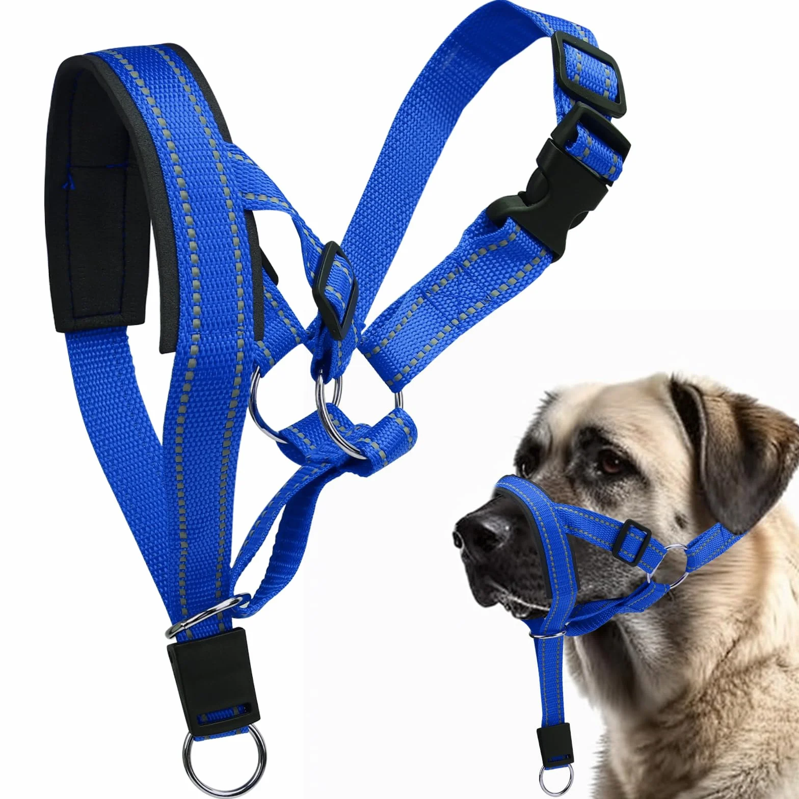 Halti pour chien grand, Harnais pour chien avec tissu rembourré, Harnais de tête Halti réglable anti-traction, Collier anti-traction doux pour chien grand (Bleu, L (Museau : 11,6-14,8 pouces))