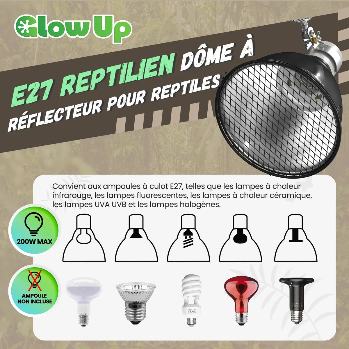 GlowUp Lampe Chauffante Dôme Réflecteur, 5.5 Pouces E27 160W Lampe Chauffante Terrarium Support de Lampe à Réflecteur pour Ampoule UVA UVB