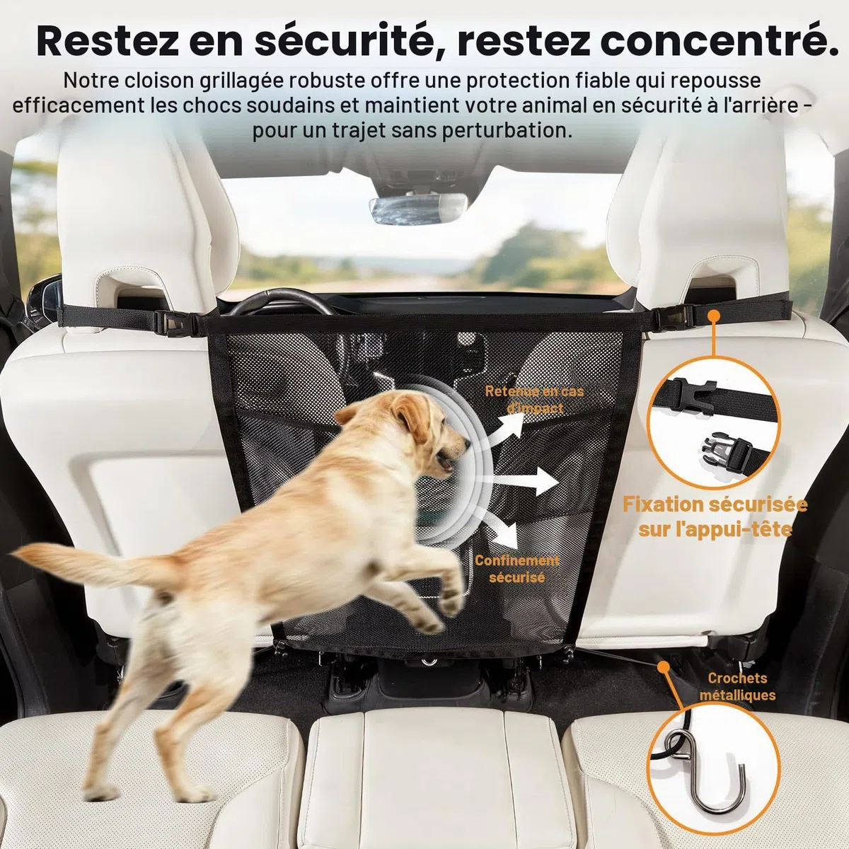 GGW Grille Pare-Chien pour Siège Arrière Voiture avec Poches, Universel | Filet de séparation pour siège avant. Barrière de sécurité contre les chiens pour siège arrière. Ajustement universel.