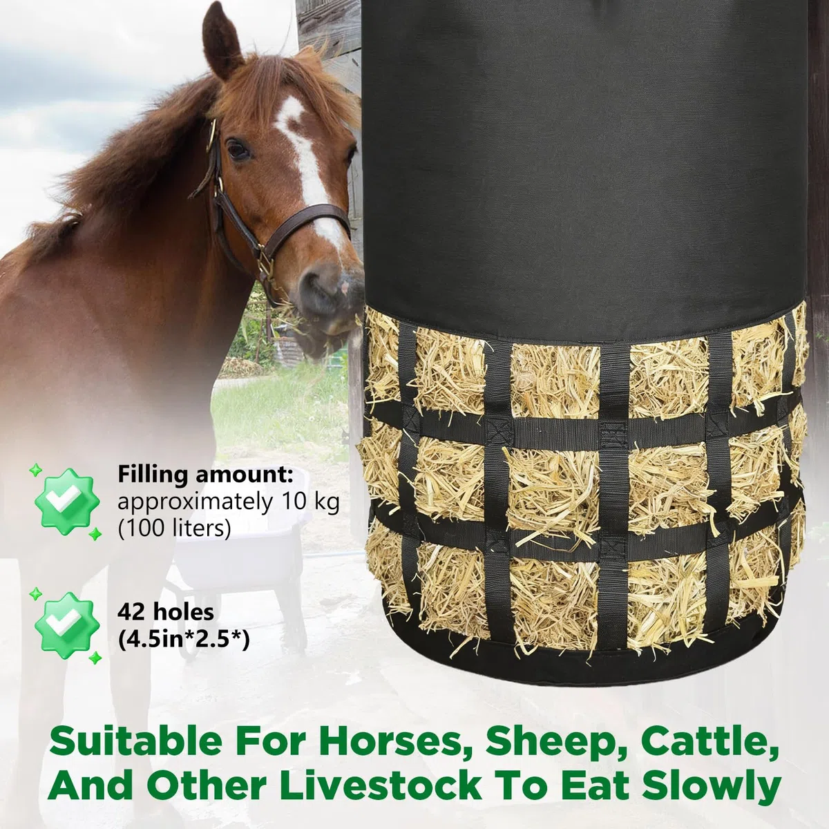 Filet à Foin pour Chevaux à Mailles serrées, Filet à Foin pour Chevaux | Sac XXL 10 kg, Mailles 6,5 cm | Robustesse élevée pour écurie/Paddock/Transport