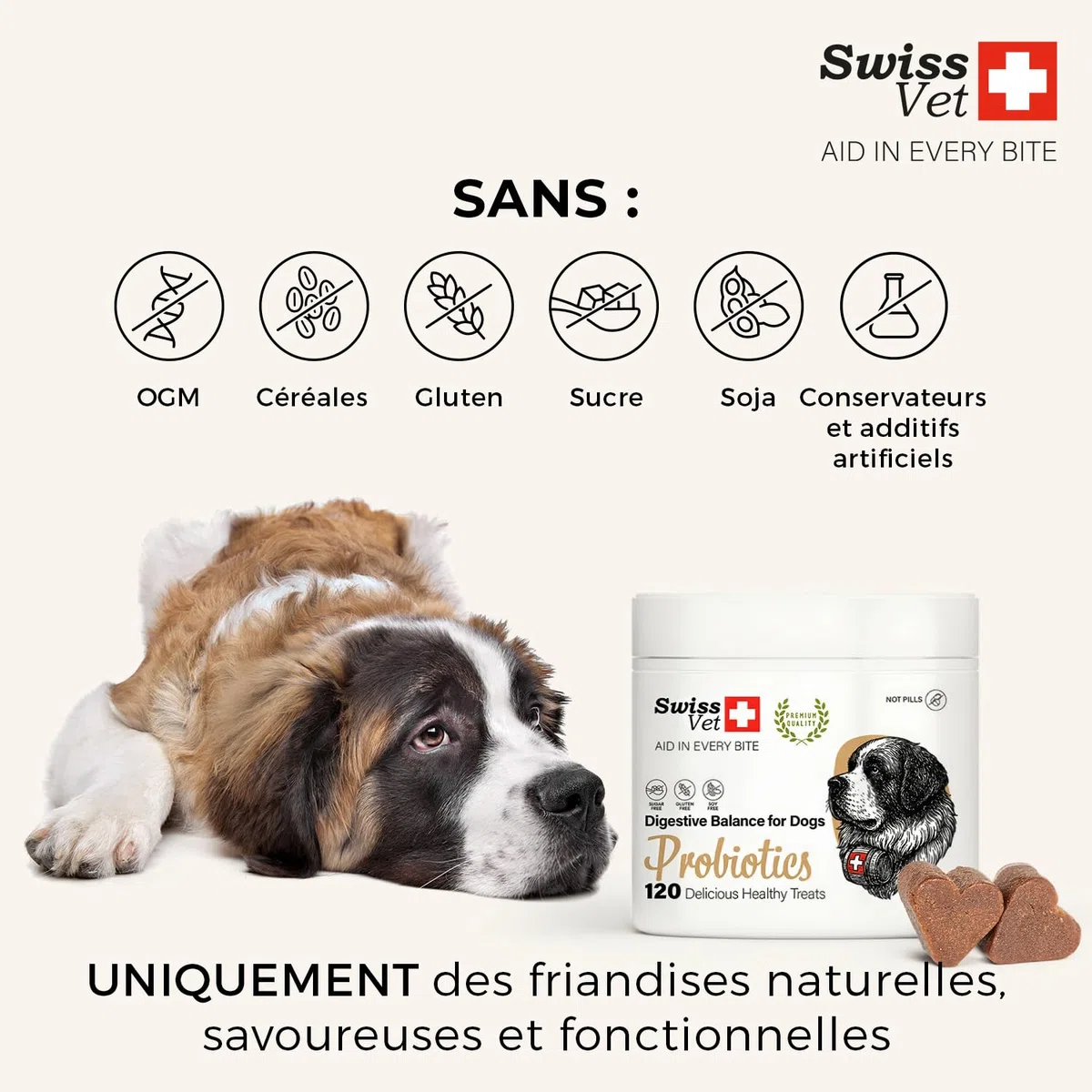 SwissVet Probiotique Chien - 60 Bouchées Flore Intestinale & Digestion - Prébiotiques (Inuline) & Bacillus Velezensis - Anti Diarrhée, Gaz & Ballonnements - Immunité & Transit Sain