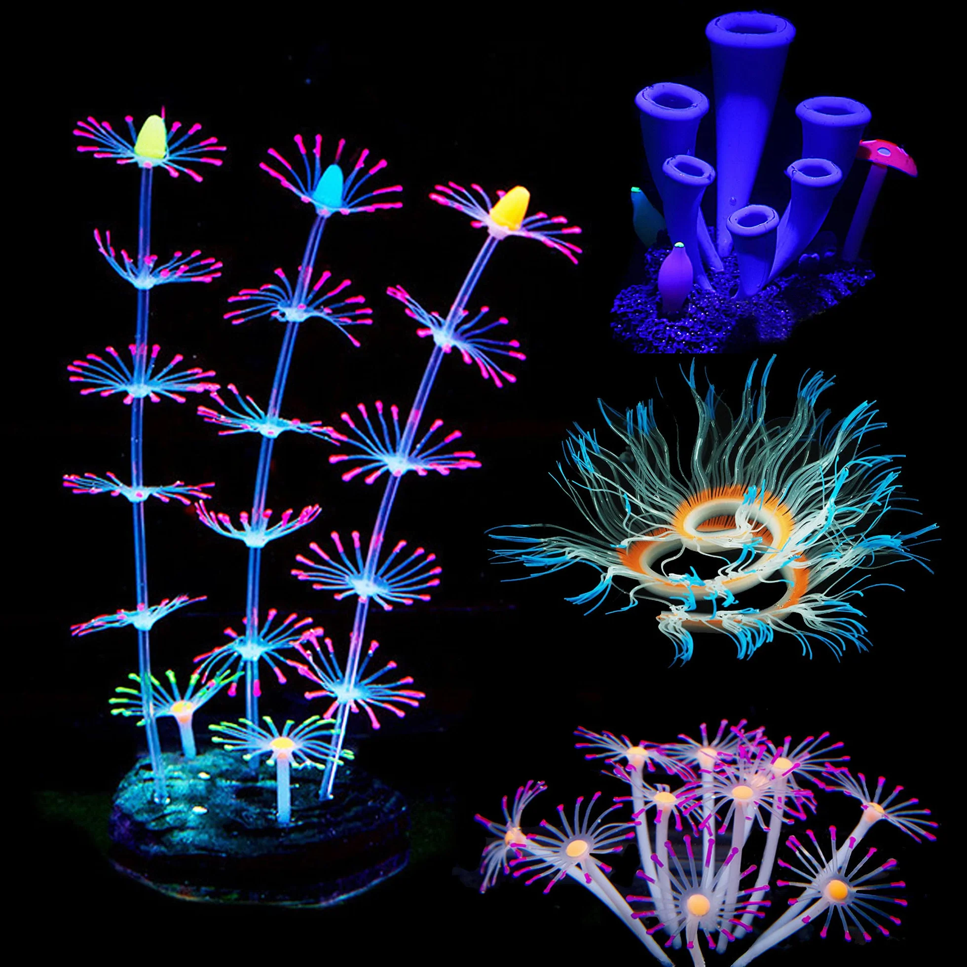 Cayway Lot de 4 plantes artificielles avec corail en silicone et anémone de mer artificielle pour aquarium