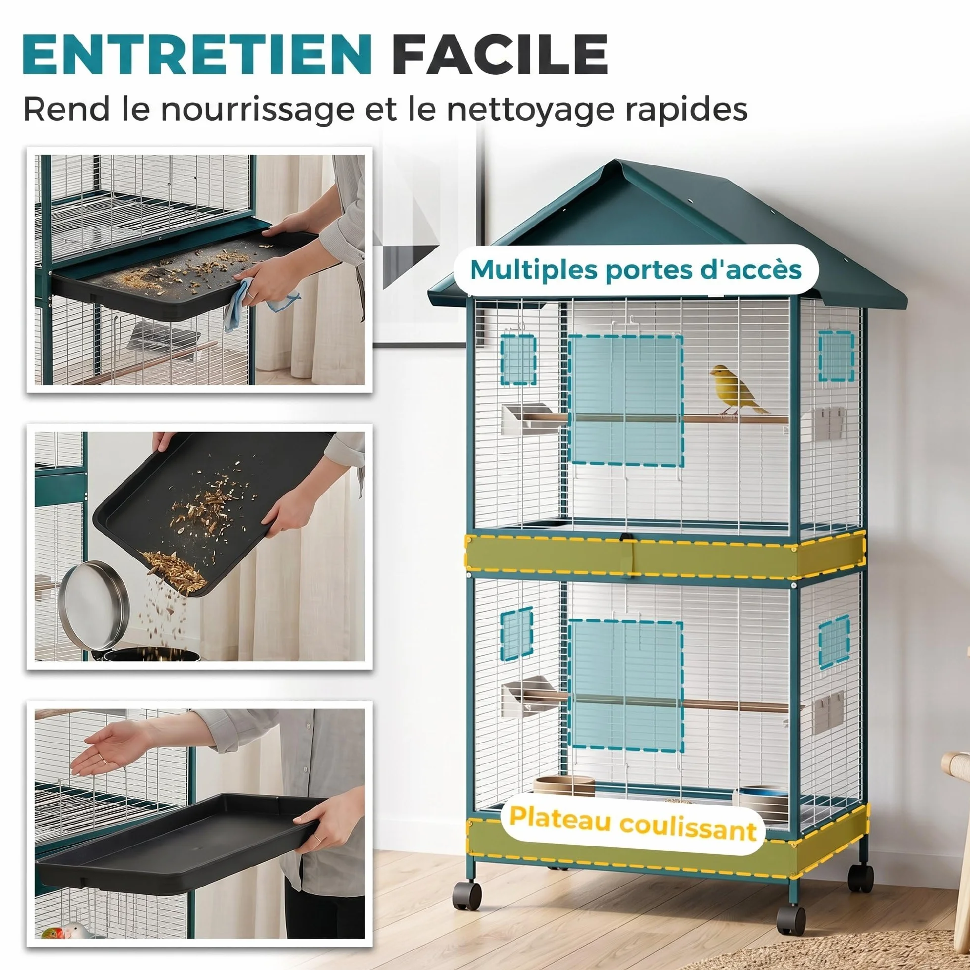 PawHut Grande Cage à Oiseaux Roulante, Volière Oiseaux Intérieur/Extérieur, Séparateur Amovible, 4 Mangeoires, 2 Perchoirs, 2 Plateaux, 94x70x158 cm