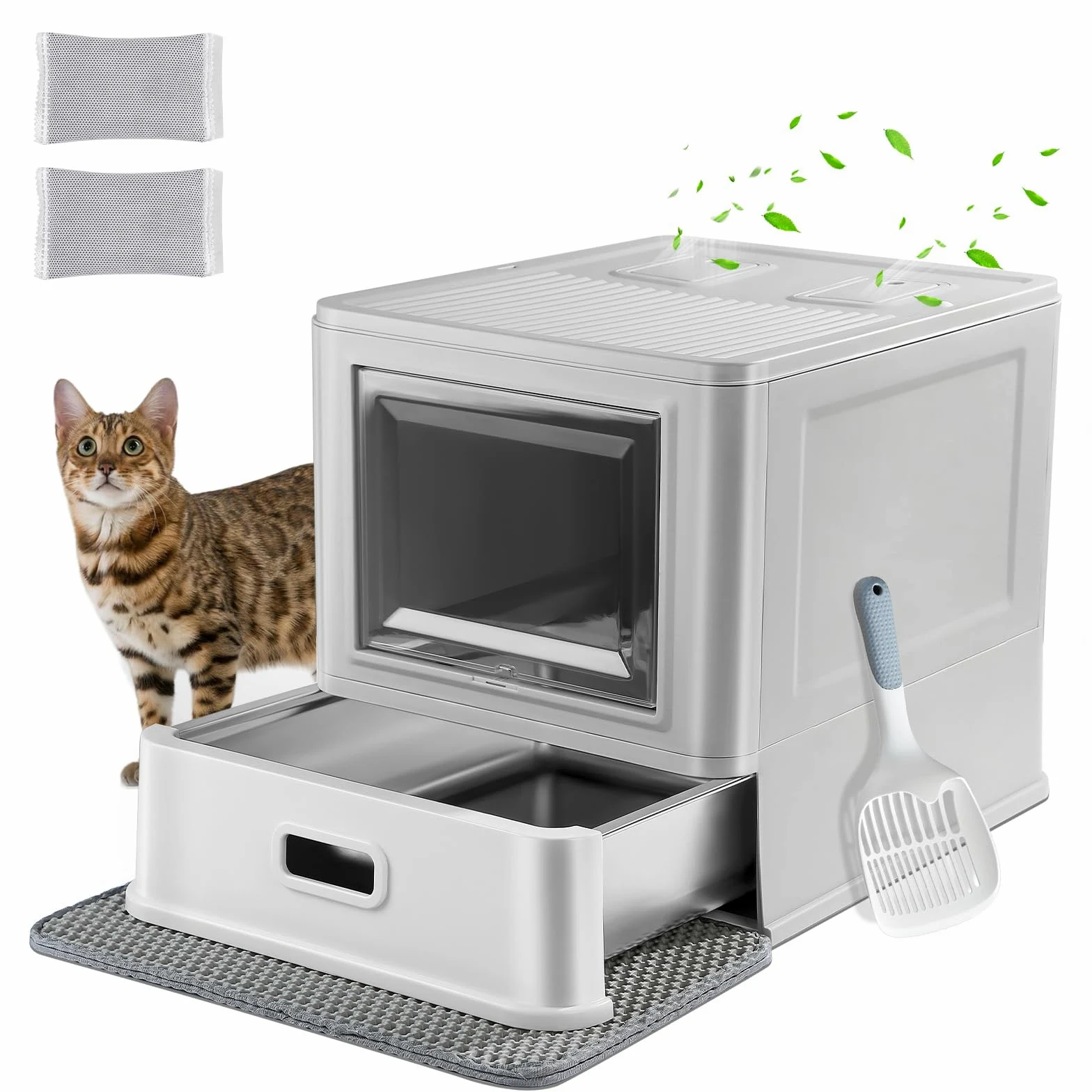 Marchul Bac à Litière pour Chat, Bac à Litière Fermé en INOX avec Couvercle et Tiroir, Large, avec Chicanes Anti-Fuites, Pelle et Tapis, sans Odeur, avec Socle amélioré