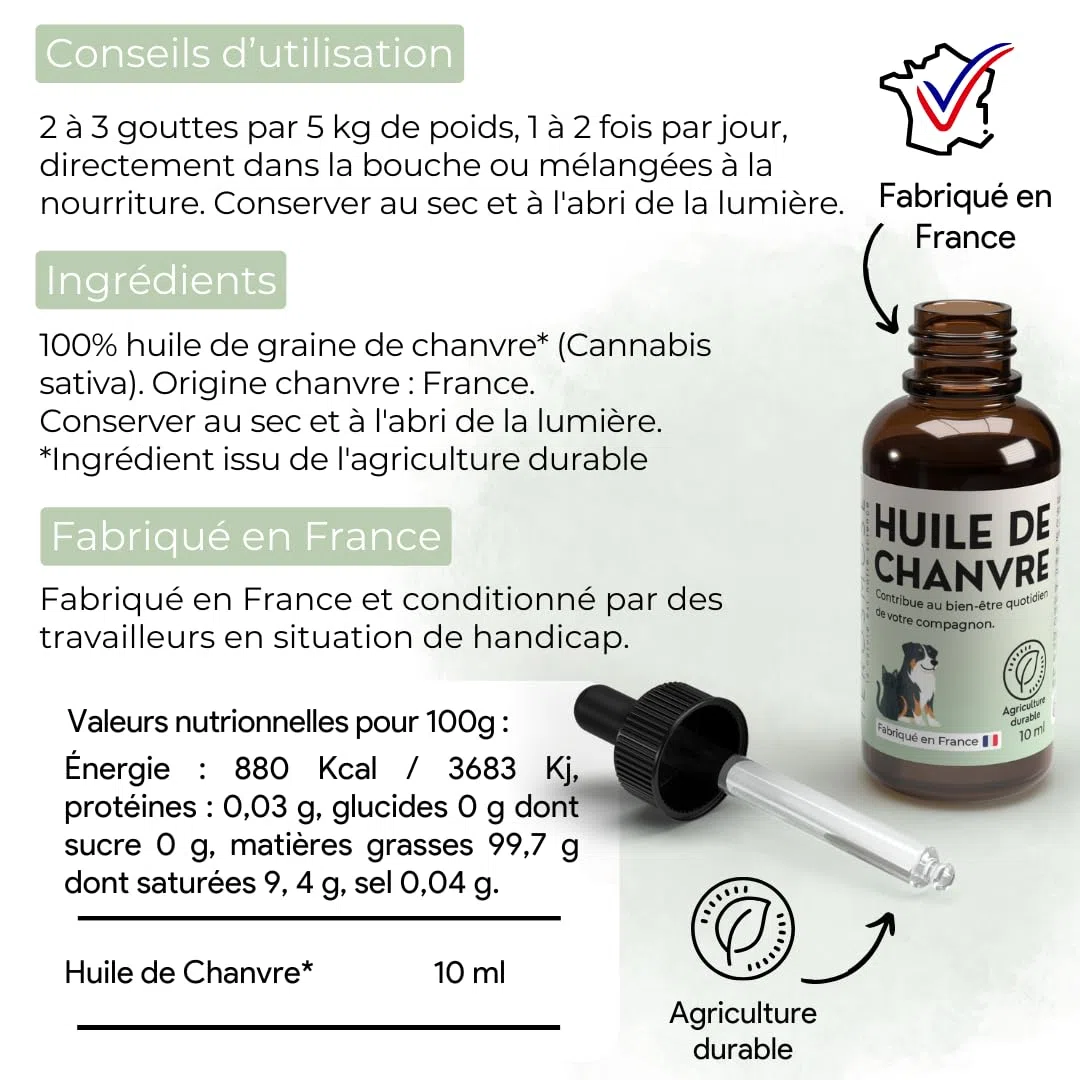 TEROSMOSE • Huile de Chanvre Premium pour Chiens & Chats - 100% Naturelle & Pure - Soutien Sérénité, Stress & Relaxation - Beauté du Pelage & Confort Cutané - Fabriqué en France