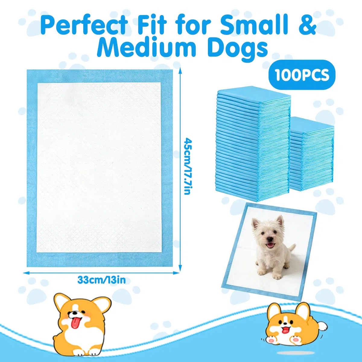 100 Pièces Alèses d'apprentissage pour Chiot, 33x45cm Tapis Absorbant Chien, avec 5 Couches de Conception Etanche, Capable D'absorber Rapidement l'humidité pour Prévenir Les Fuites