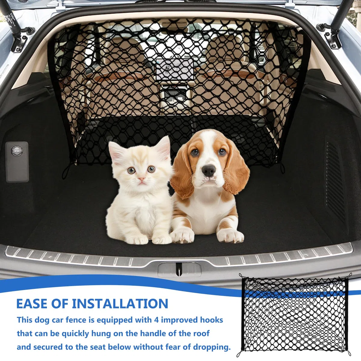 GOMETY Grille de protection voiture barrière filet de séparation, grille pour chiens pour coffre, 120x90 cm, double couche polypropylène avec 4 crochets, universelle pour chiens, filet de séparation