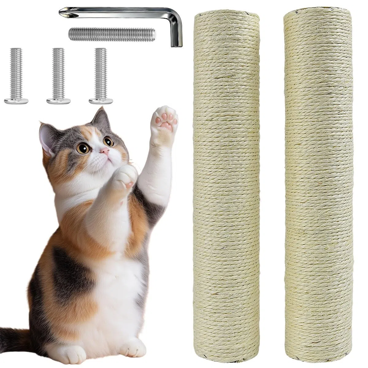 2 Pcs Poteau de Rechange Arbre à Chat 35 x 6.5 cm avec Vis M8, Tronc de Rechange Griffoir Chat, Poteau à Griffer de Remplacement avec Corde en Sisal, pour Rénovation Colonne à Griffer d'Animau