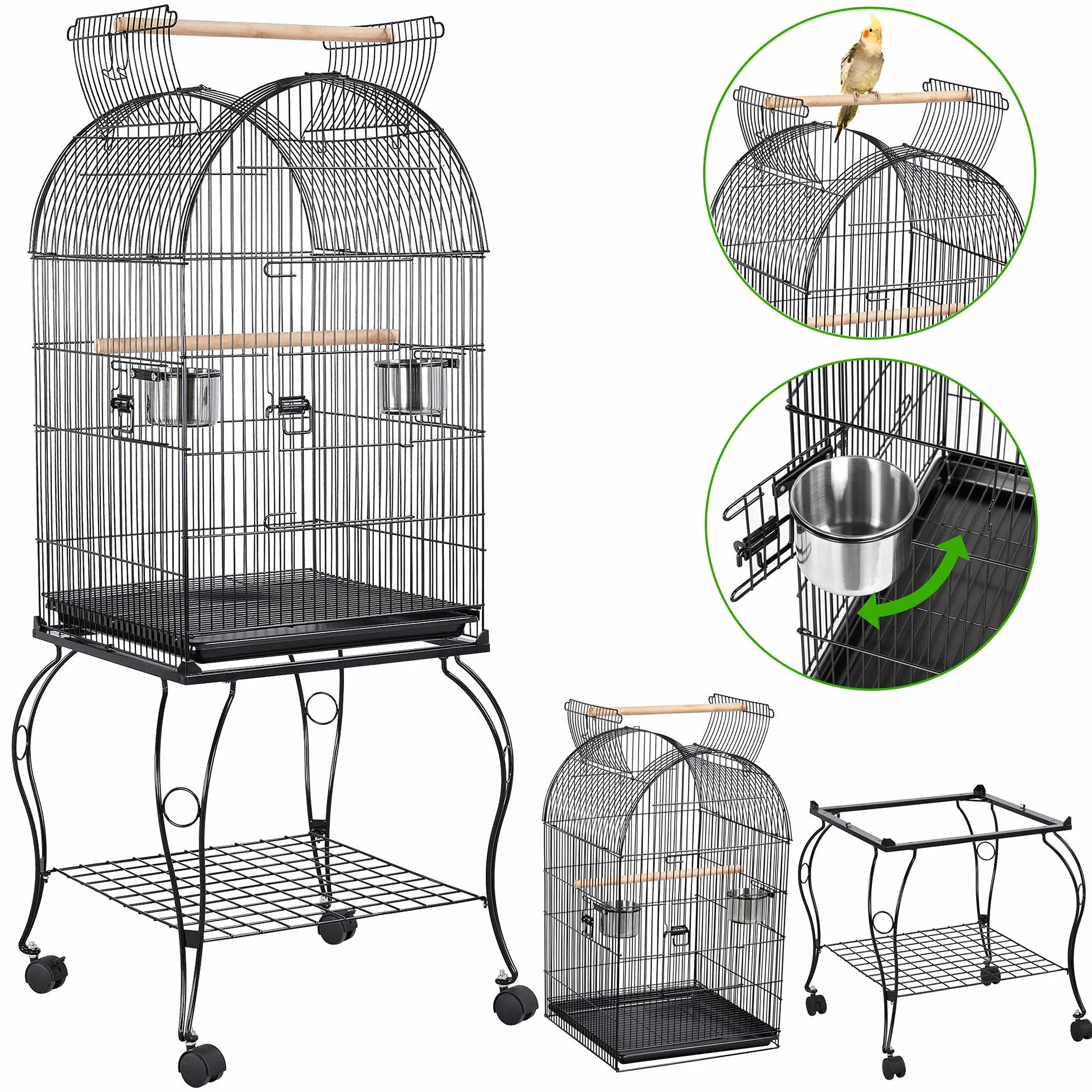 Yaheetech Cage Oiseau avec Toit Ouvert Voliere Oiseaux Interieur roulante sur roulettes avec Support Détachable pour Perruche Canaries Mandarin 59 x 59 x 150 cm Noir