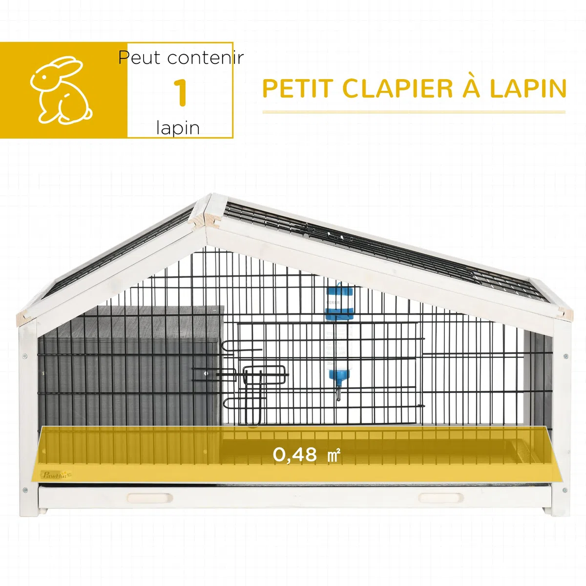 PawHut Clapier Cage à Lapin - Cage à Lapin intérieur Niche, Plateau déjection, Porte et Toit ouvrant verrouillables, Abreuvoir - Acier Noir Sapin Gris Blanc