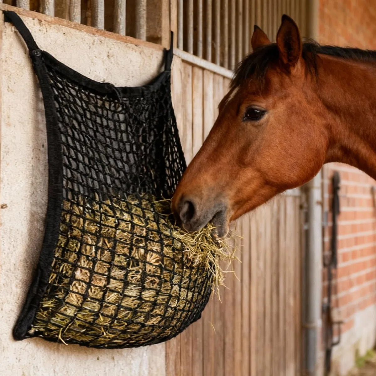 PORFOYO Filet à foin pour chevaux - 120 x 90 cm - Maille étroite avec 2 mousquetons - Filet d'alimentation avec boucle de sécurité - Capacité 10 kg - Filet à foin pour chevaux