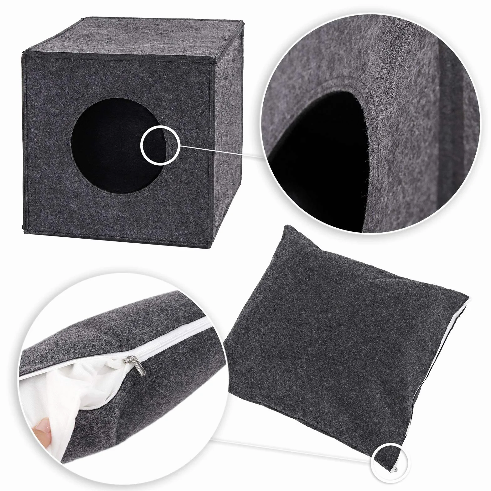 lionto Caverne pour Chats en Feutre Robuste adaptée aux systèmes de rayonnage, 33x37x33 cm, lit pour Chats Pliable en Forme de Cube, Niche avec Coussin Confortable, Gris foncé