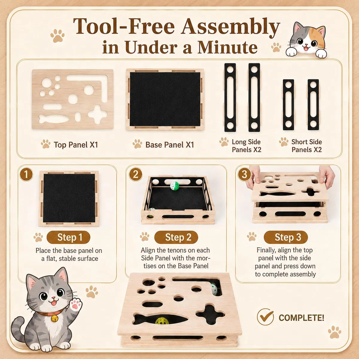 Boîte d'Enrichissement pour Chat, Boîte à griffer en Bois pour Chat, Grand Jouet d'enrichissement, 39 x 30 cm, Jouet Chat Interieur en Bois avec Lime à Ongles, Papier de Verre et 3 balles