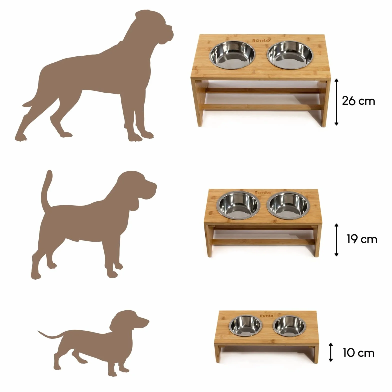 lionto Gamelle surélevée pour Chien en Bambou Robuste et Facile à Entretenir, 40x20x10 cm, Double écuelle pour Chiens et Chats, 2 Bols INOX Ø 11 cm, 350 ML chacun, antidérapante