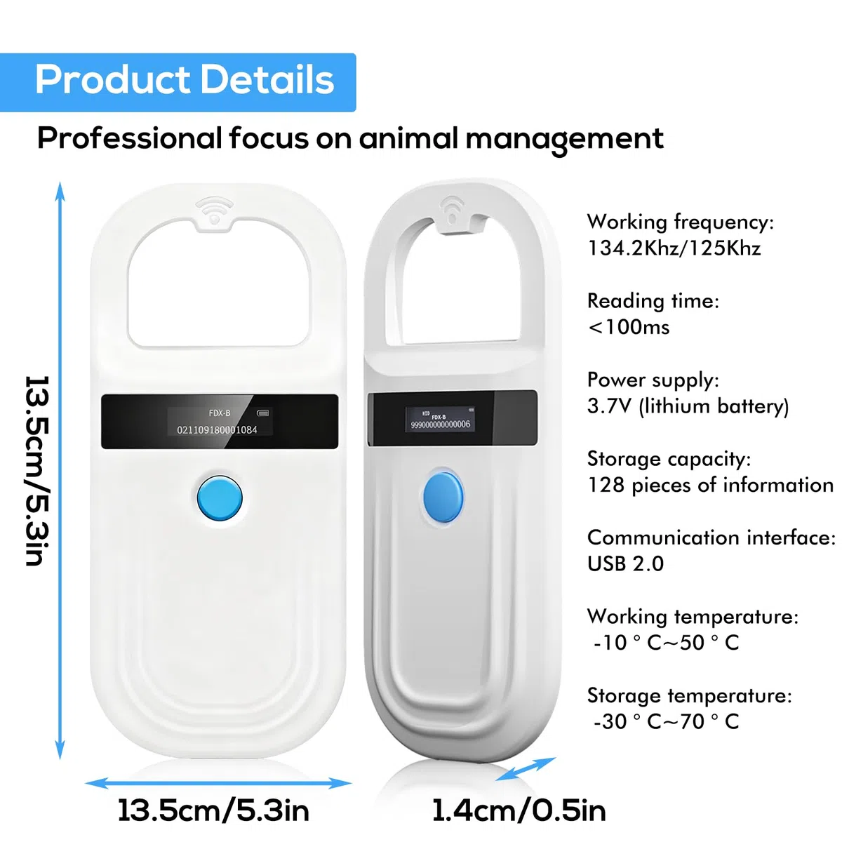 Lecteur De Puces, Lecteur D'identification D'animal, Rechargeable Rfid Emid Lecteur Puce Animaux, 134,2 Khz 125 Khz, Lecteur D'Étiquettes D'animaux Pour Animaux De Compagnie/Cochons/Chiens/Chats
