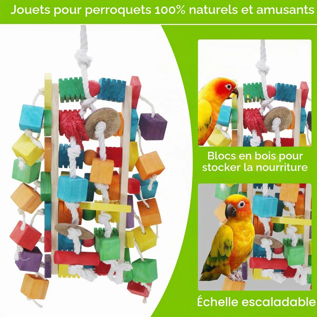 MQUPIN Grands jouets pour perroquet, blocs en bois colorés de différentes formes, 55,9 cm, jouets pour perroquets gris africains, amazons, cacatoès et aras