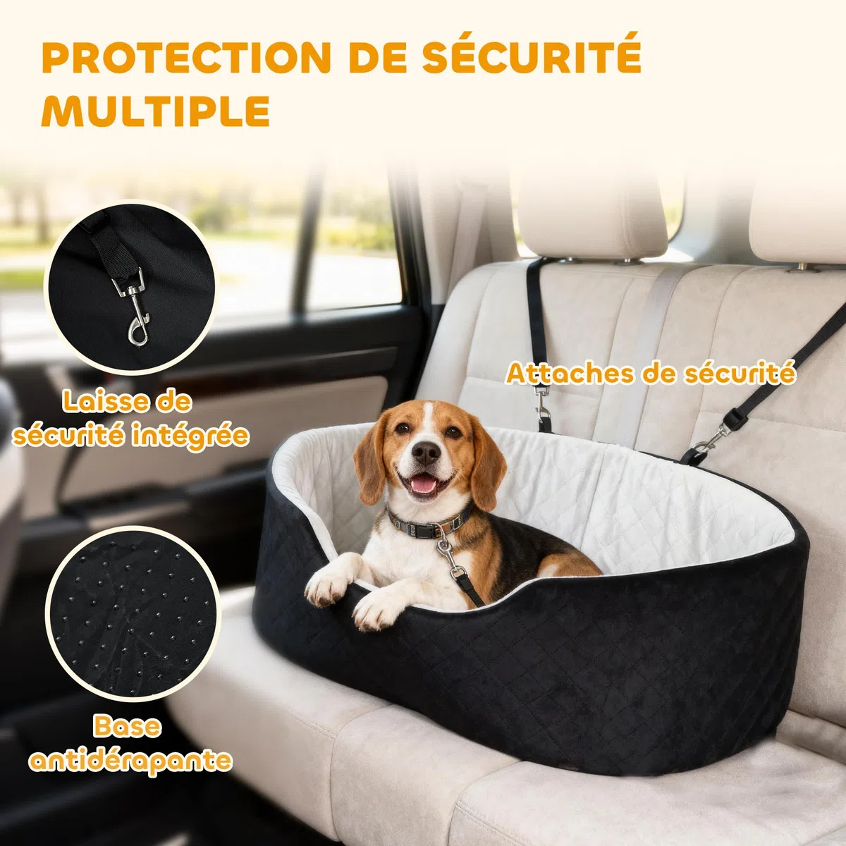 PawHut Siège Auto pour Chien avec Ceinture de sécurité et Fixation, siège de Voiture pour Chiens rembourré Confortable Portable jusqu'à 15kg, Panier Voiture pour Animal Coussin Amovible, Noir