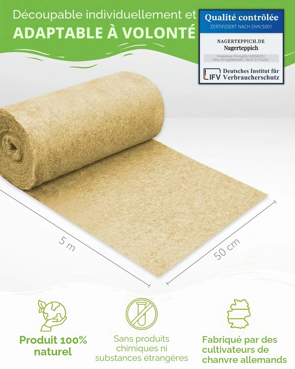 Tapis pour rongeurs en chanvre 100 % bio sur un rouleau de 5 m de longueur, 50 cm de largeur, 5 mm d'épaisseur