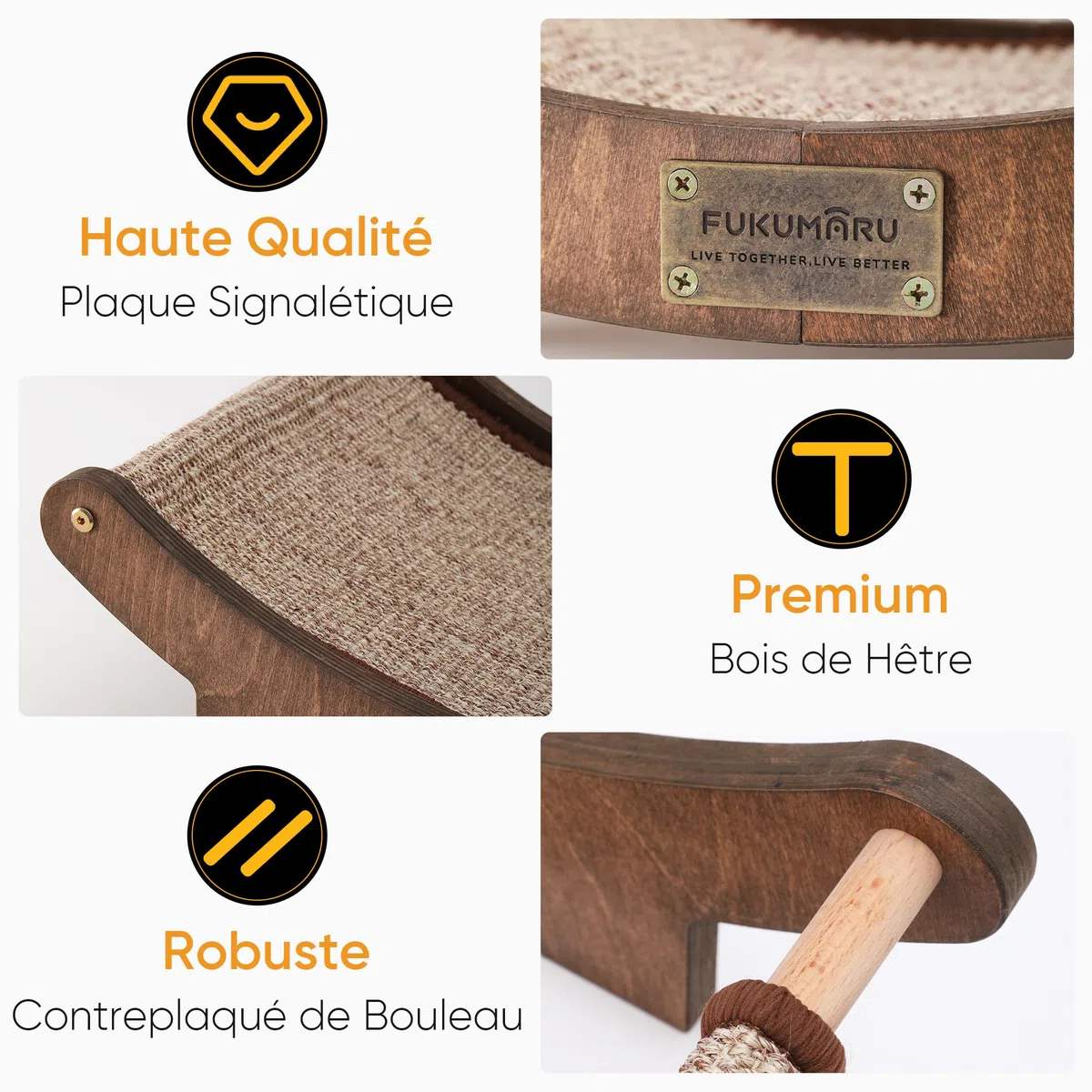 FUKUMARU Griffoir pour Chat, 60 cm Lit de Grattoir Durable d'Intérieur, Grand Coussin à Griffes, Hamac en Sisal Naturel, Chaise Longue avec Cadre en Bois Massif pour Dormir et Gratter, Marron