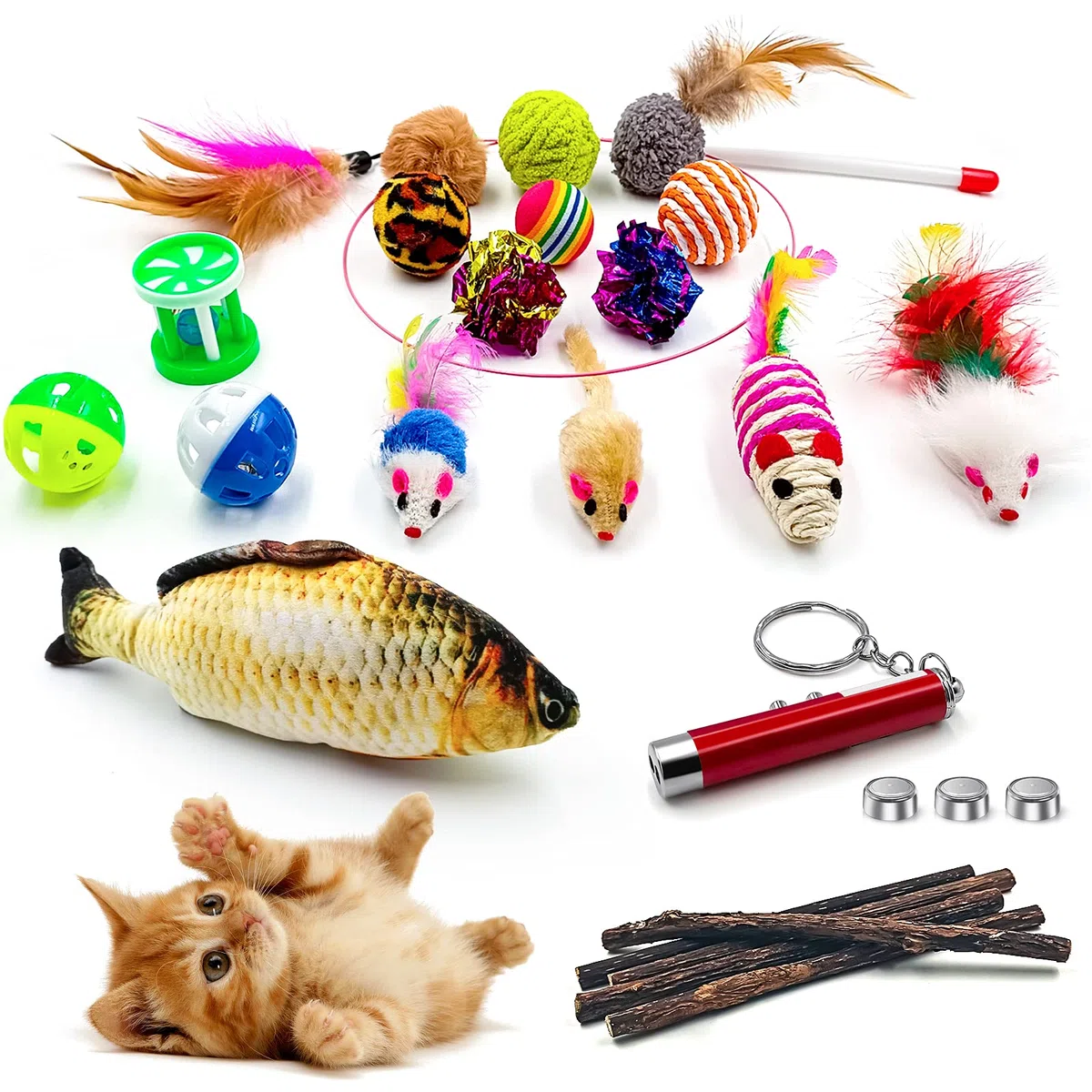 Jouets Chat, 23 Pièces Lot de Jouets pour Chaton Intérieur, Jeu Interactif avec Plumes Baguette pour Chaton, Cataire Jouet Poisson, d'herbe à Chat Naturel Matatabi