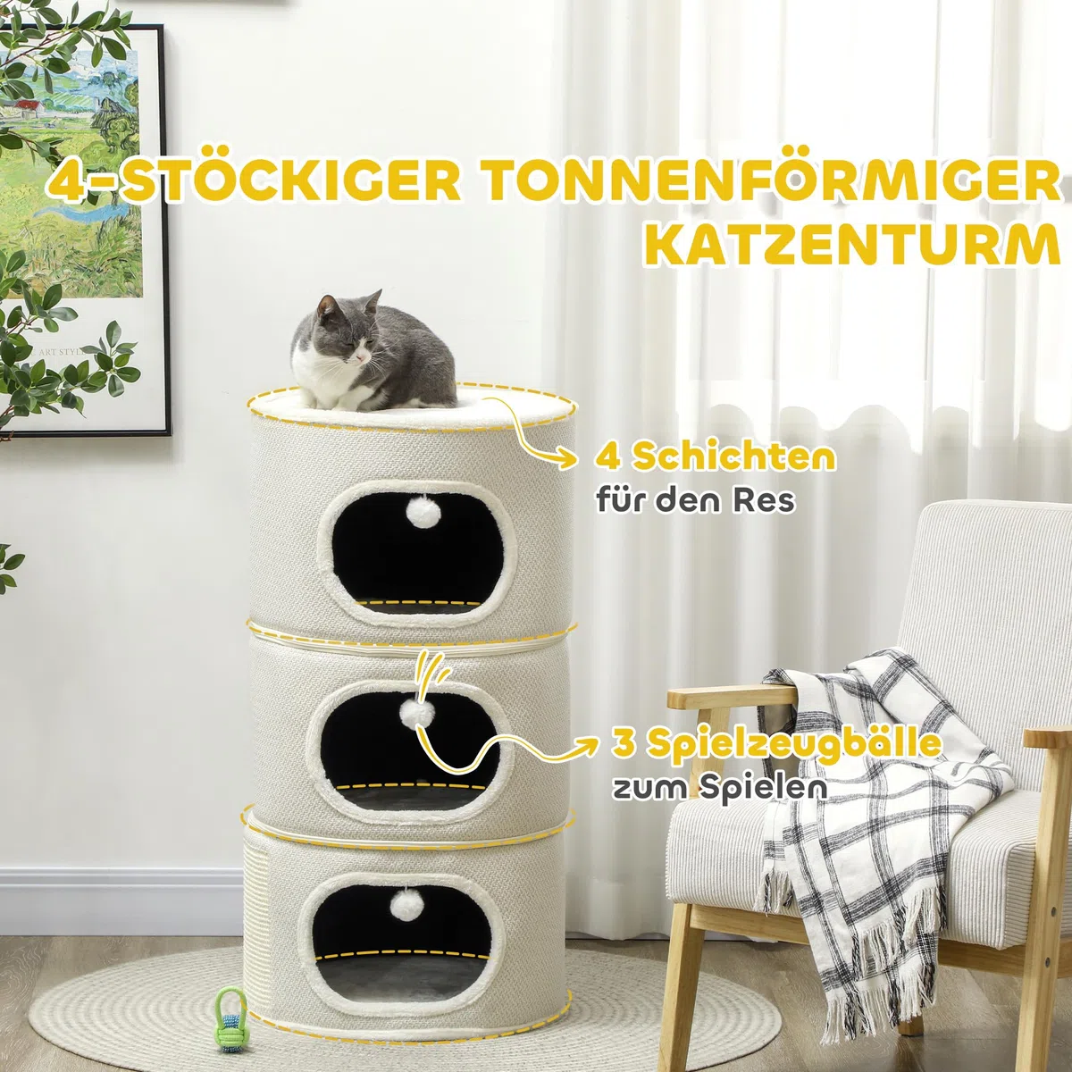 PawHut Tonneau à griffer, 100 cm de Haut Tonneau à Chat avec 3 cavités, Arbre à Chat avec balles de Jeu, Tour pour Chats en sisal, pour Chat jusqu'à 6 kg, Beige+CrèmeBlanc