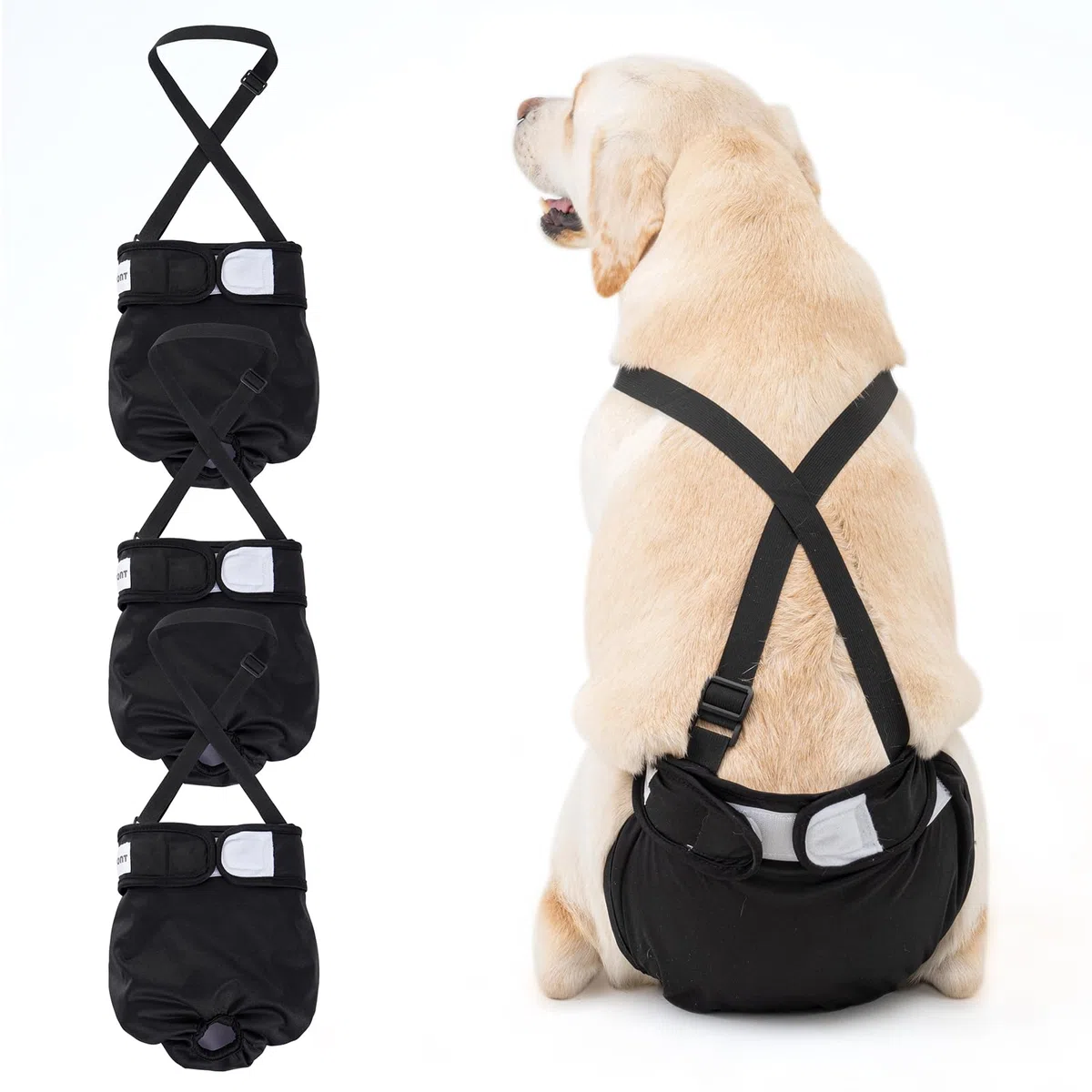 Avont 3 Couches Lavables pour Chienne Femelle avec Bretelles, Culotte Protection Confort Couche Lors des Règles, de Chaleurs, d'Incontinence -Noir(XL)